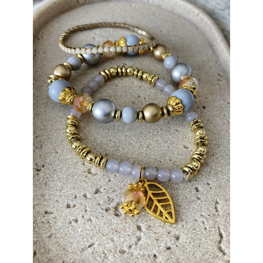 Gold Tone Smoky Gray Beaded‎ Stretch Bracelet Set Of 3 Stack Leaf Charm Crystal